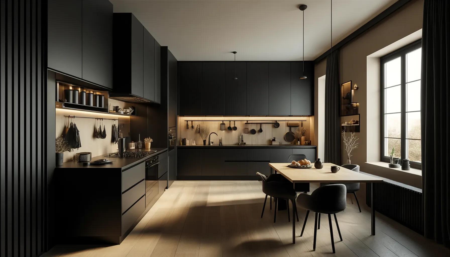 Eine moderne Küche mit einem eleganten, schwarzen Design. Die Schränke, Arbeitsplatten und Geräte sind alle schwarz und schaffen eine anspruchsvolle und stilvolle